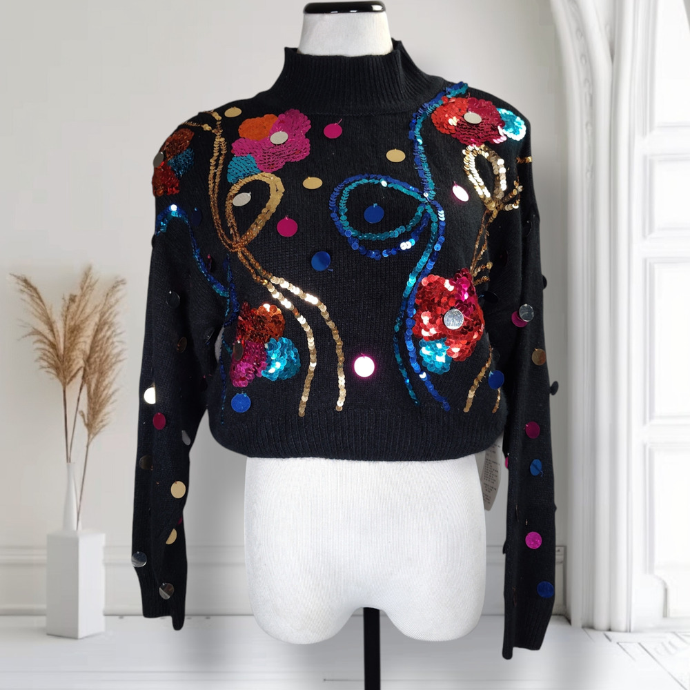 Vintage 80s MY Juniors Sequin Angora Silk Sweater L Holiday Party Crop